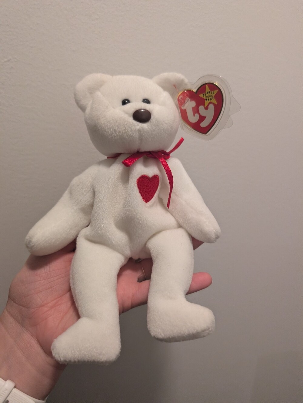 "Valentino" Ty Beanie Baby White Plush Bear with Red Heart And Bow